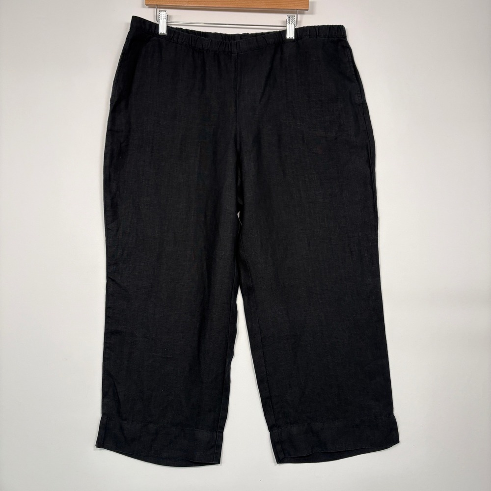 J. Jill Women Crop Pants Large Black Love Linen Elastic Waist Wide Leg Trousers